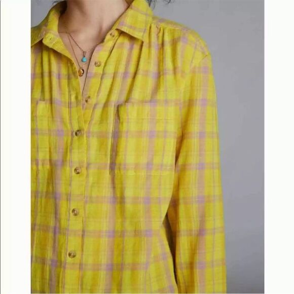 NWOT Anthropologie x Seen Worn Kept Plaid Buttondown Top Shirt in Yellow Size 6 - Picture 3 of 16